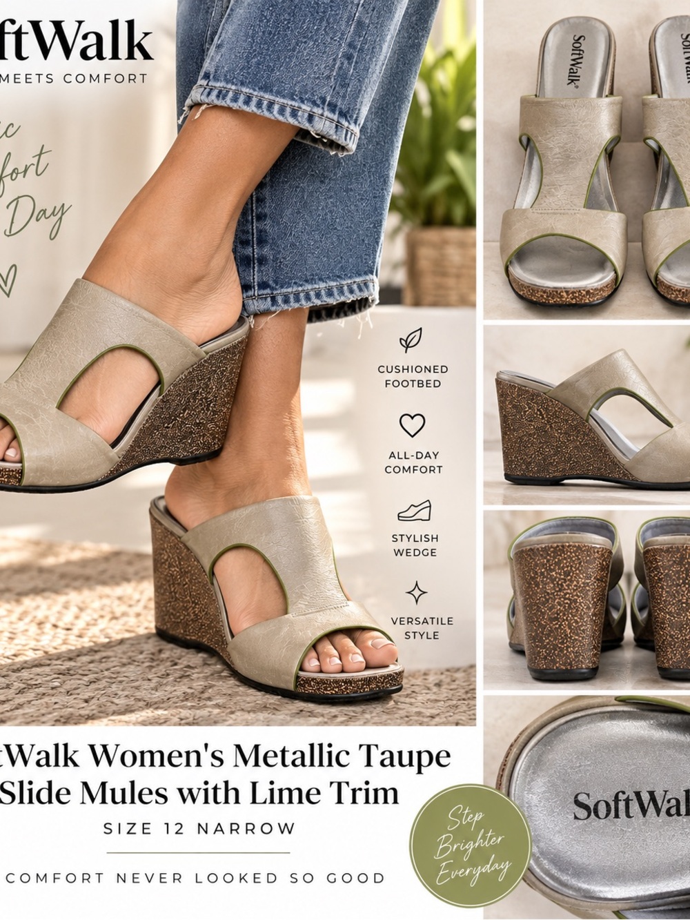 SoftWalk Women's Metallic Taupe Slide Mules with Lime Trim size 12 Narrow.